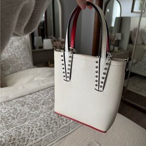 Christian Louboutin White Pebbled Mini Tote with Red Trim